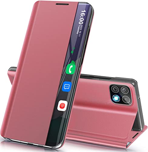 Handyhülle für Samsung Galaxy A22 5G Hülle Klappbar, Luxus Dünn Spiegel Flip Leder Hard PC Stoßfest Case Cover für Samsung Galaxy A22 Hülle mit Ständer Klappbar, Smart Clear View für Samsung A22 Hülle von Qissy