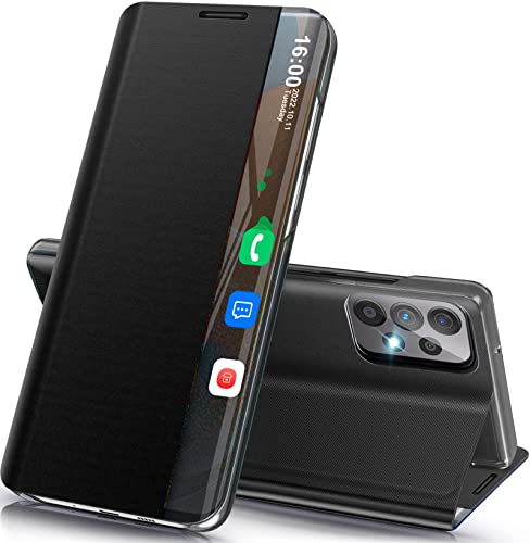 Handyhülle für Samsung Galaxy A23 5G Hülle Klappbar, Luxus Dünn Spiegel Flip Leder Hard PC Stoßfest Case Cover für Samsung Galaxy A23 Hülle mit Ständer Klappbar, Smart Clear View für Samsung A23 Hülle von Qissy