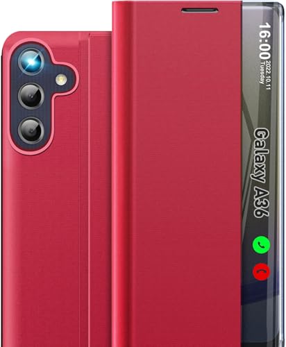Handyhülle für Samsung Galaxy A36 Hülle Klappbar, Dünn Spiegel Flip Leder Hard PC Stoßfest Case für Samsung A36 5G Hülle mit Ständer Klappbar, Clear View für Samsung Galaxy A36 5g Hülle (Rot) Handyhülle für Samsung Galaxy A36 Hülle Klappbar, Dünn Spiegel Flip Leder Hard PC Stoßfest Case für Samsung A36 5G Hülle mit Ständer Klappbar, Clear View für Samsung Galaxy A36 5g Hülle (Rot) von Qissy