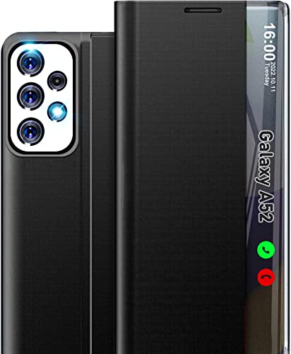 Handyhülle für Samsung Galaxy A52/A52s 5G Hülle Klappbar, Luxus Dünn Spiegel Flip Leder PC Stoßfest Case Cover für Galaxy A52/A52s Hülle mit Ständer, Clear View für Samsung A52/A52s Hülle von Qissy