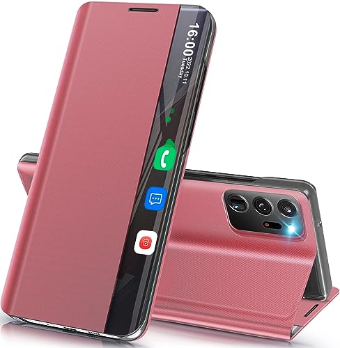 Handyhülle für Samsung Galaxy Note20 Ultra Hülle S View Klappbar, Clear View Spiegel Flip Leder Note20 Ultra Hüllen, Extra-Dünn Standfunktion Schutzhülle Case Cover für Samsung Note20 Ultra (pink) von Qissy