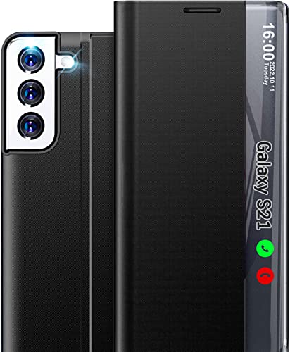 Handyhülle für Samsung Galaxy S21 5G Hülle Klappbar, Luxus Dünn Spiegel Flip Leder Hard PC Stoßfest Case Cover für Samsung Galaxy S21 Hülle mit Ständer Klappbar, Clear View für Samsung S21 Hülle von Qissy