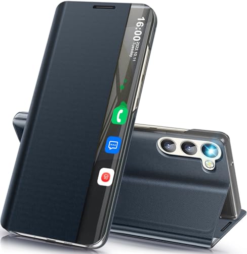 Handyhülle für Samsung Galaxy S24 5G, Smart Clear View Window Luxury Slim Mirror Galaxy S24 Hülle mit Kickstand, Leder Hard PC Flip Stoßfest Schutzhülle für Samsung S24 Hülle (Tiefblau) von Qissy