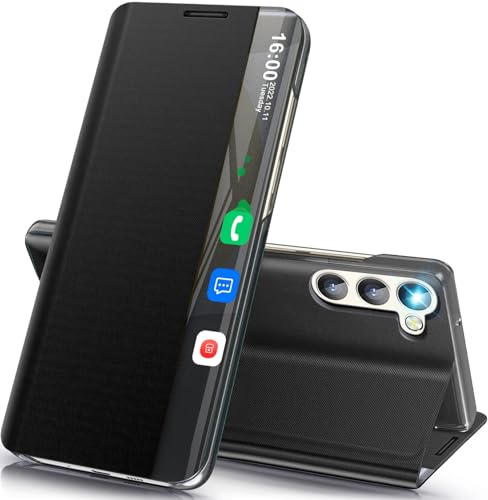 Handyhülle für Samsung Galaxy S24 Hülle Klappbar, Dünn Spiegel Flip Leder Hard PC Stoßfest Case Cover für Samsung S24 5G Hülle mit Ständer Klappbar, Clear View für Samsung Galaxy S24 Hülle (Schwarz) von Qissy