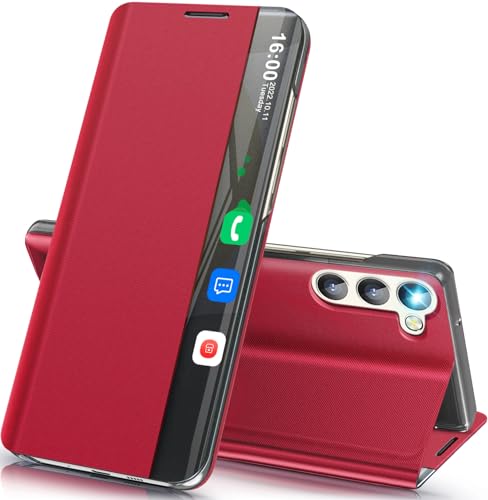 Handyhülle für Samsung Galaxy S24 Plus Hülle Klappbar, Luxus Dünn Spiegel Flip Leder Hard PC Stoßfest Case Cover für Samsung S24 Plus Hülle mit Ständer, Clear View für Galaxy S24 Plus Etui (Rot) von Qissy