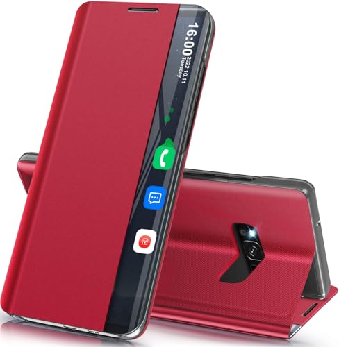 Handyhülle für Samsung Galaxy S8 Hülle Klappbar, Dünn Spiegel Flip Leder Hard PC Stoßfest Case Cover für Samsung Galaxy S8 5G Hülle mit Ständer Klappbar, Clear View für Samsung S8 Hülle (Rot) Handyhülle für Samsung Galaxy S8 Hülle Klappbar, Dünn Spiegel Flip Leder Hard PC Stoßfest Case Cover für Samsung Galaxy S8 5G Hülle mit Ständer Klappbar, Clear View für Samsung S8 Hülle (Rot) von Qissy