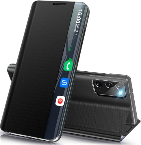 Handyhülle für Samsung Note20 Hülle S View Klappbar, Clear View Note20 Flip Cover, Dünn Note20 Standfunktion Schutzhülle Case Hüllen für Samsung Galaxy Note20 5G (Schwarz) von Qissy