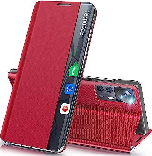 Handyhülle für Xiaomi 12T/12T Pro Hülle Klappbar, Luxus Dünn Spiegel Flip Leder Hard PC Stoßfest Case Cover für Xiaomi 12T 5G Hülle mit Ständer Klapphülle, Smart Clear View für Xiaomi 12T Pro Hülle von Qissy