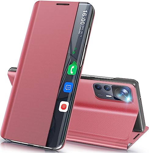 Handyhülle für Xiaomi 12T/12T Pro Hülle Klappbar, Luxus Dünn Spiegel Flip Leder Hard PC Stoßfest Case Cover für Xiaomi 12T 5G Hülle mit Ständer Klapphülle, Smart Clear View für Xiaomi 12T Pro Hülle von Qissy