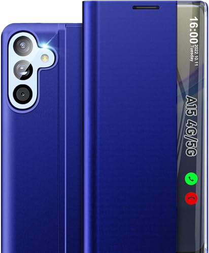 Qissy Handyhülle für Samsung Galaxy A15 5G Hülle S View Klappbar, Clear View Spiegel Flip Leder Galaxy A15 5G Hüllen, Dünn Stoßfest Standfunktion Schutzhülle Cover für Samsung A15 5G Tasche (Blau) von Qissy