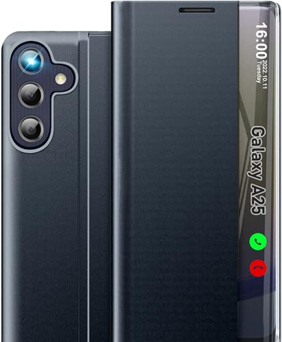 Qissy Handyhülle für Samsung Galaxy A25 5G Hülle S View Klappbar, Clear View Spiegel Flip Leder Galaxy A25 Hüllen, Dünn Stoßfest Standfunktion Schutzhülle Cover für Samsung A25 5G Tasche (Navy blau) von Qissy