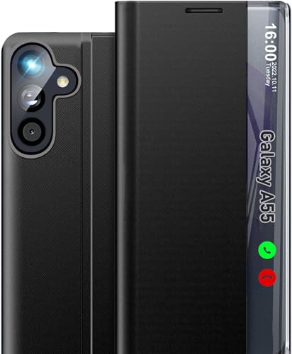 Qissy Handyhülle für Samsung Galaxy A55 5G Hülle, klares Sichtfenster, luxuriöse, schlanke Spiegel-Schutzhülle für Galaxy A55 5G mit Ständer, harte Polycarbonat-Flip-stoßfeste Schutzhülle für Samsung von Qissy