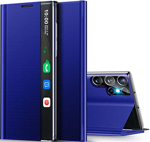 Qissy Handyhülle für Samsung Galaxy S23 Ultra 5G, klares Sichtfenster, schlanke Spiegel-Handyhülle mit Ständer, stoßfeste Schutzhülle für Samsung S23 Ultra Cover Case (Blau) von Qissy