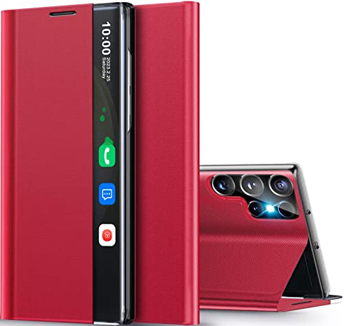 Qissy Handyhülle für Samsung Galaxy S23 Ultra 5G, klares Sichtfenster, schlanke Spiegel-Handyhülle mit Ständer, stoßfeste Schutzhülle für Samsung S23 Ultra Cover Case (Rot) von Qissy
