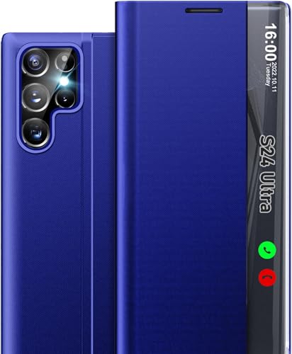 Qissy Handyhülle für Samsung S24 Ultra 5G Hülle Klappbar, Dünn Spiegel Leder PC Stoßfest Flip Case Galaxy S24 Ultra Hülle mit Ständer, Clear View für Samsung S24 Ultra Hülle (Blau) von Qissy
