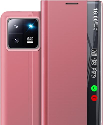 Qissy Handyhülle für Xiaomi 13 Pro Hülle Klappbar, Luxus Dünn Spiegel Flip Leder Hard PC Stoßfest Case Cover für Xiaomi 13 Pro mit Ständer, Clear View für Xiaomi 13 Pro Etui 6,67" (Rosa) von Qissy