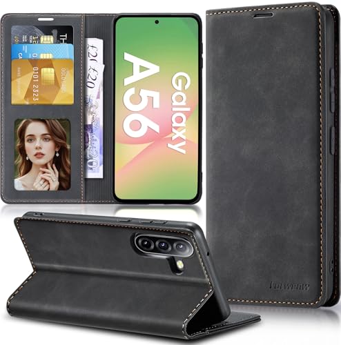 Qissy Schutzhülle für Samsung Galaxy A56, Flip-Lederhülle, mit Scharnierschutz, schlanke dünne magnetische Brieftaschen-Hülle [Kartenhalter], stoßfest, Ganzkörperschutz für Samsung A56 5G Handyhülle von Qissy