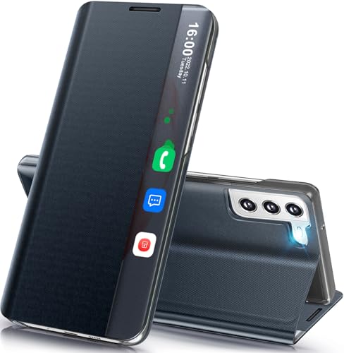 Qissy Schutzhülle für Samsung Galaxy S21 5G, klares Sichtfenster, hartes Polycarbonat für Samsung S21, schmal, spiegelnd, Ständer, luxuriös, stoßfest, Galaxy S21 5G, Dunkelblau Qissy Schutzhülle für Samsung Galaxy S21 5G, klares Sichtfenster, hartes Polycarbonat für Samsung S21, schmal, spiegelnd, Ständer, luxuriös, stoßfest, Galaxy S21 5G, Dunkelblau von Qissy