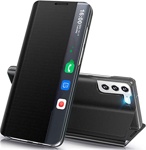 Qissy Schutzhülle für Samsung Galaxy S21 5G, klares Sichtfenster, hartes Polycarbonat für Samsung S21, schmal, spiegelnd, Ständer, luxuriös, stoßfest, Galaxy S21 5G, Schutzhülle (schwarz) von Qissy