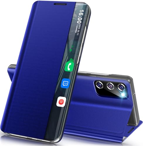 Schutzhülle für Samsung Galaxy S20 FE 5G, Sichtfenster, Leder, dünn, spiegelnd, harter Polycarbonat, Ständer, luxuriös, stoßfest, Galaxy S20 FE, Blau von Qissy