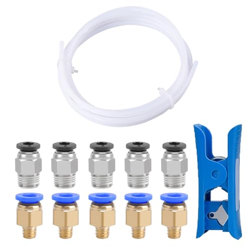 QitinDasen 3 Meter 3D Drucker PTFE Teflonschlauch mit Schlauchschneider, 5 Stück PC4-M6 Pneumatik Verbinder und 5 Stück PC4-M10 Pneumatik Verbinder von QitinDasen