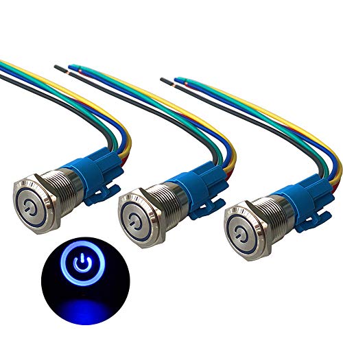 QitinDasen 3Pcs Premium 12V / 24V 5A Verriegelung Druckschalter, 16mm Auto Zündungs Startschalter, Blaues LED Licht Edelstahl IP67 Wasserdichter Schalter mit Steckdosendraht von QitinDasen