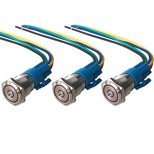 QitinDasen 3Pcs Premium 12V / 24V 5A Verriegelung Druckschalter, 19mm Auto Zündungs Startschalter, Rot LED Licht Edelstahl IP67 Wasserdichter Schalter mit Steckdosendraht von QitinDasen