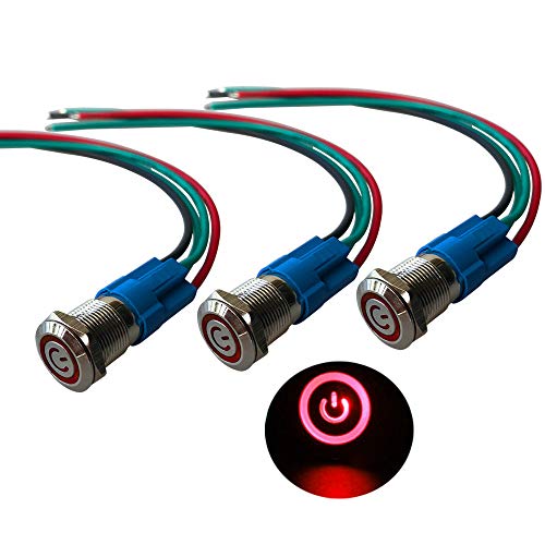 QitinDasen 3Pcs Premium 12mm Selbstsperrender Druckschalter, 12V/24V 3A Auto Zündungs Startschalter, Rot LED Licht IP66 Wasserdichter Metall Drucktaster Schalter, mit Steckdosendraht und Gummi Ring von QitinDasen