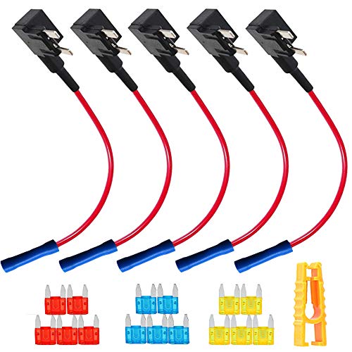 QitinDasen 5Pcs Premium 12V / 24V ACS Kleiner Add-a-Circuit Sicherungshalter, Klinge Sicherungshalter, KFZ Sicherung Tap, Flachsicherungsadapter mit 15Pcs Mini Blade Sicherung von QitinDasen