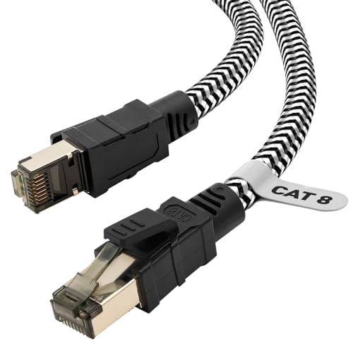 Qiuean Cat 8 10m Lan Kabel,Nylon Geflochtener Netzwerkkabel,40Gbps 2000MHz Hochgeschwindigkeits Ethernet Kabel,S/FTP Patchkabel mit Vernickelt Rj45-Stecker für Ps5/Laptop/Router/Gaming/Modem von Qiuean