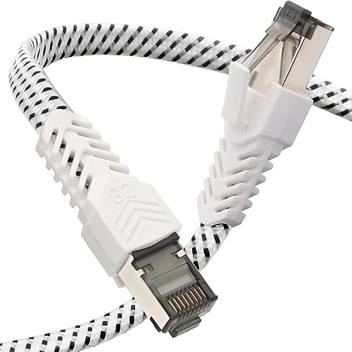 Qiuean Lan Kabel 0,5m，Cat 8 Netzwerkkabel Nylon Geflochtener Flach,Hochgeschwindigkeits Ethernet Kabel 40Gbps 2000MHz S/FTP Patchkabel mit Vernickelt Rj45-Stecker für Ps5/Laptop/Router/Gaming/Modem von Qiuean