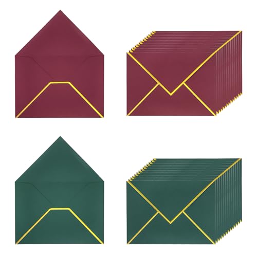 Qiuyan Briefumschläge für Weihnachten, A7, 12,7 x 17,8 cm, mit goldfarbenem Rand, V-Klappe, Einladungsumschläge für Hochzeit, Geschenkkarten, Geburtstagsparty, Abschlussfeiern, Burgunderrot und von Qiuyan