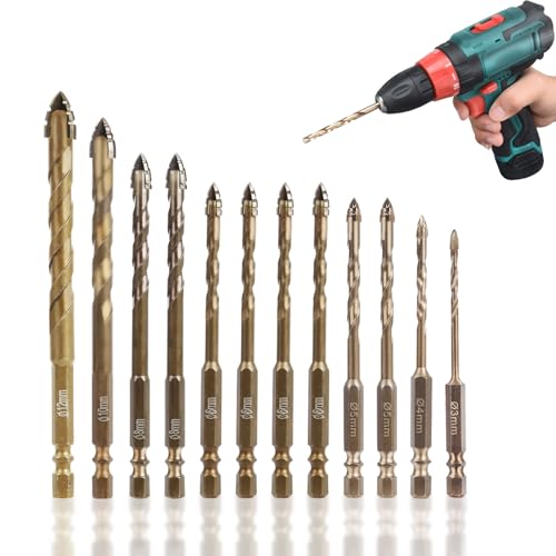 Qivine 12 Teiliger Metallbohrer Set Profi, Vierschneidige Sägezahnbohrer mit Hochharten, Gold Bohrer mit 4 Schneiden für Holz, Kunststoff, Glas, Beton, Ziegel (3/4/5/5/6/6/6/6/8/8/10/12mm) von Qivine