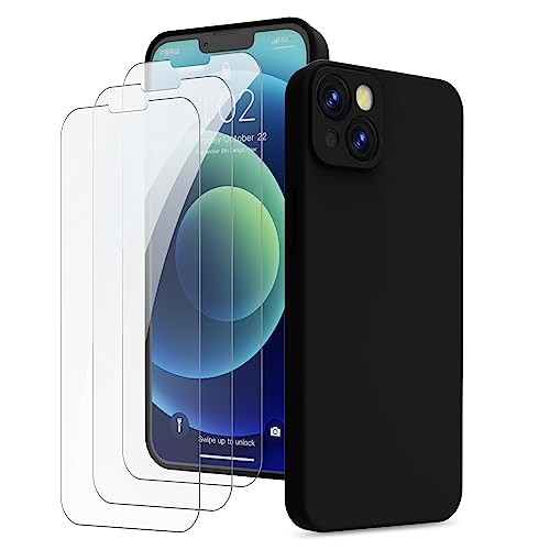 QFSM Kompatibel mit iPhone 13 Hülle und 3 Stück Hartglas Schutzfolie, Silikon Case Rundumschutz Anti-Kratzer Handyhülle (Stoßfester Kratzfestem Kameraschutz 360°-Schutz) für iPhone 13 6.1'' (Black) von Qlfemna