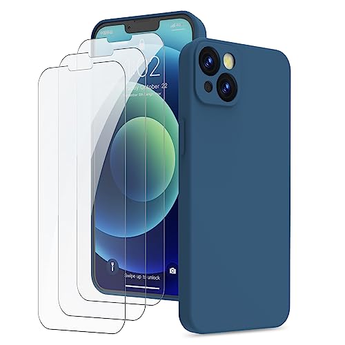QFSM Kompatibel mit iPhone 13 Hülle und 3 Stück Hartglas Schutzfolie, Silikon Case Rundumschutz Anti-Kratzer Handyhülle (Stoßfester Kratzfestem Kameraschutz 360°-Schutz) für iPhone 13 6.1'' (Blue) von Qlfemna