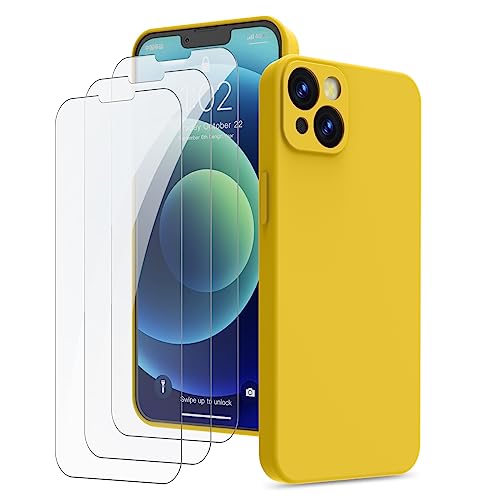QFSM Kompatibel mit iPhone 13 Hülle und 3 Stück Hartglas Schutzfolie, Silikon Case Rundumschutz Anti-Kratzer Handyhülle (Stoßfester Kratzfestem Kameraschutz 360°-Schutz) für iPhone 13 6.1'' (Yellow) von Qlfemna