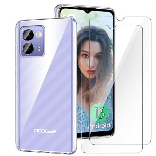 Qlfemna Hülle Kompatibel mit Doogee N50S (6.52") mit 2-gehärtetem Glas Film, Ultra dünne transparente Handyhülle weiche Silikon TPU Anti-Kratzer und Anti-Fall Durchsichtig Schutzhülle von Qlfemna