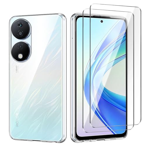 Qlfemna Hülle Kompatibel mit Honor X7b 4G (6.8) mit 2-gehärtetem Glas Film, Ultra dünne transparente Handyhülle weiche Silikon TPU Anti-Kratzer und Anti-Fall Durchsichtig Schutzhülle von Qlfemna