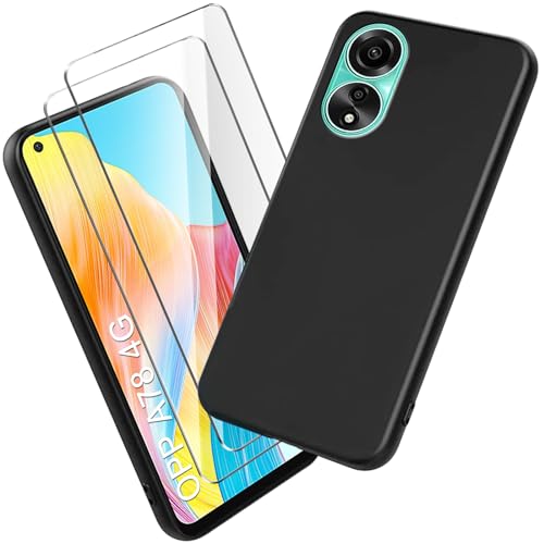 Qlfemna Hülle Kompatibel mit Oppo A78 4G (6.43) mit 2-gehärtetem Glas Film, Ultra dünne schwarz Handyhülle weiche Silikon TPU Anti-Kratzer und Anti-Fall Schutzhülle von Qlfemna