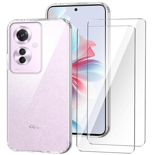 Qlfemna Hülle Kompatibel mit Oppo Reno11 F 5G (6.7") mit 2-gehärtetem Glas Film, Ultra dünne transparente Handyhülle weiche Silikon TPU Anti-Kratzer und Anti-Fall Durchsichtig Schutzhülle von Qlfemna