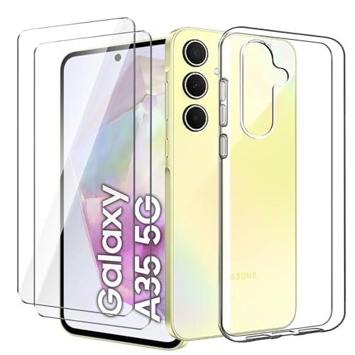 Qlfemna Hülle Kompatibel mit Samsung Galaxy A35 5G (6.6") mit 2-gehärtetem Glas Film, Ultra dünne transparente Handyhülle weiche Silikon TPU Anti-Kratzer und Anti-Fall Durchsichtig Schutzhülle von Qlfemna