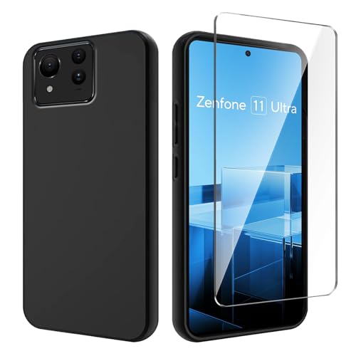 Qlfemna Hülle für Asus Zenfone 11 Ultra (6.78") mit 1 Stück Panzerglas Schutzfolie, Schwarz Ultra Dünne Weiche Silikon Handyhülle, Kratzfest Stoßfest Schutzhülle TPU Case Cover von Qlfemna