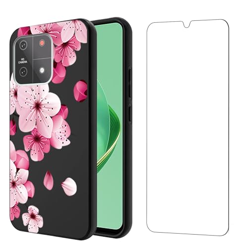 Qlfemna Hülle für Cubot A1 (6.56") mit 1 Stück Panzerglas Schutzfolie, Schwarz Ultra Dünne Weiche Silikon Handyhülle, Kratzfest Stoßfest Schutzhülle TPU Case Cover Blume von Qlfemna