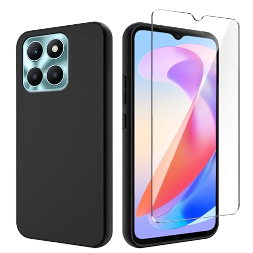 Qlfemna Hülle für Honor X6a (6.56") mit 1 Stück Panzerglas Schutzfolie, Schwarz Ultra Dünne Weiche Silikon Handyhülle, Kratzfest Stoßfest Schutzhülle TPU Case Cover von Qlfemna