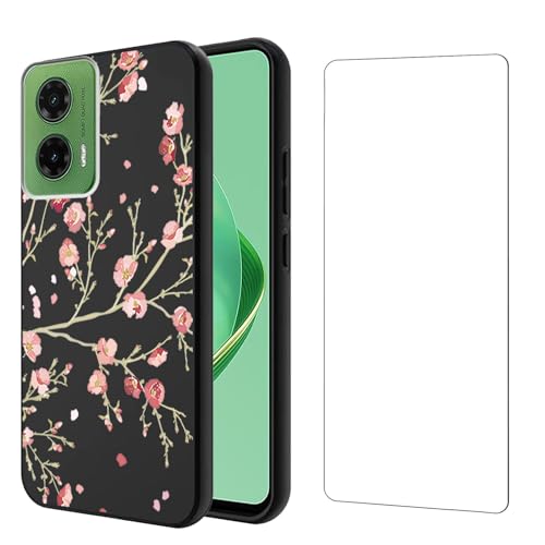 Qlfemna Hülle für Motorola Moto G35 5G (6.72") mit 1 Stück Panzerglas Schutzfolie, Schwarz Ultra Dünne Weiche Silikon Handyhülle, Kratzfest Stoßfest Schutzhülle TPU Case Cover Flower von Qlfemna