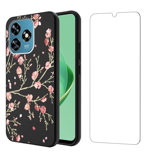 Qlfemna Hülle für Oukitel C51 (6.8") mit 1 Stück Panzerglas Schutzfolie, Schwarz Ultra Dünne Weiche Silikon Handyhülle, Kratzfest Stoßfest Schutzhülle TPU Case Cover Flower von Qlfemna