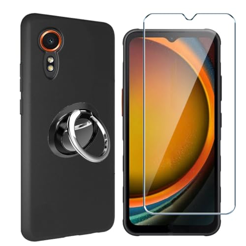 Qlfemna Hülle für Samsung Galaxy XCover 7 5G handyhülle + 360°Drehbarer Ständer + Panzerglas Displayschutzfolie schutzfolien, Silikon weiches stoßfest Schutzhülle TPU ultradünn Schwarz Cover case von Qlfemna