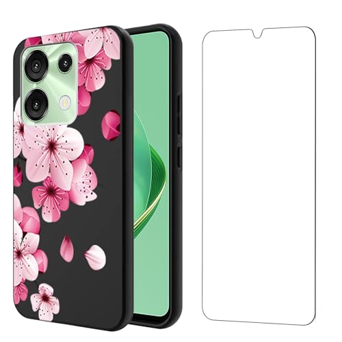Qlfemna Hülle für UMIDIGI G9 5G (6.75") mit 1 Stück Panzerglas Schutzfolie, Schwarz Ultra Dünne Weiche Silikon Handyhülle, Kratzfest Stoßfest Schutzhülle TPU Case Cover Blume von Qlfemna