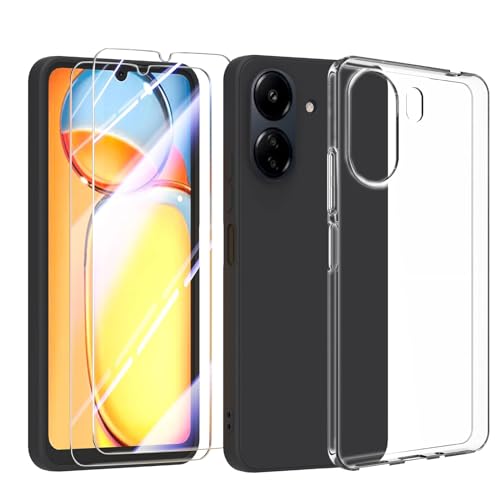 Qlfemna Hülle für Xiaomi Redmi 13C 4G / Xiaomi Poco C65 (6.74") Transparent + Schwarz Schutzhülle + 2 Stück Gehärteter Film Displayschutzfolie - Weich Silikon Flexibel TPU Tasche Case von Qlfemna