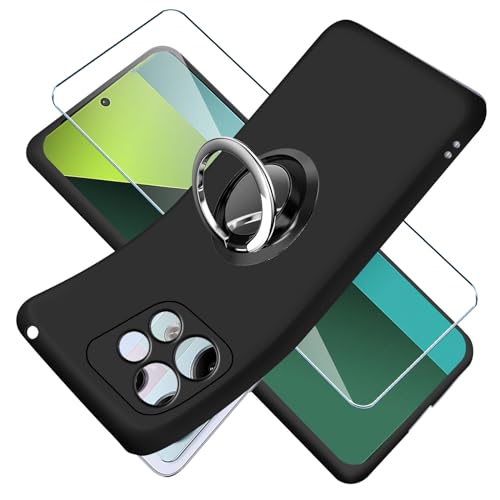Qlfemna Hülle für Xiaomi Redmi Note 13 Pro 5G /Poco X6 5G handyhülle + 360°Drehbarer Ständer + Panzerglas Displayschutzfolie schutzfolien, Silikon stoßfest Schutzhülle TPU ultradünn Schwarz Cover case von Qlfemna